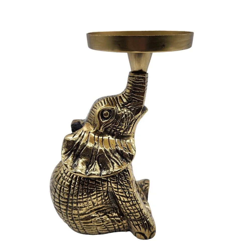 Brass Gold Tone Sitting Elephant Trunk Up Pillar Candle Holder Lucky Safari 9